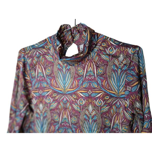 SFIZIO Nouveau Floral Turtleneck Top Italy Long Sleeve Keyhole Back S-M - Picture 5 of 11